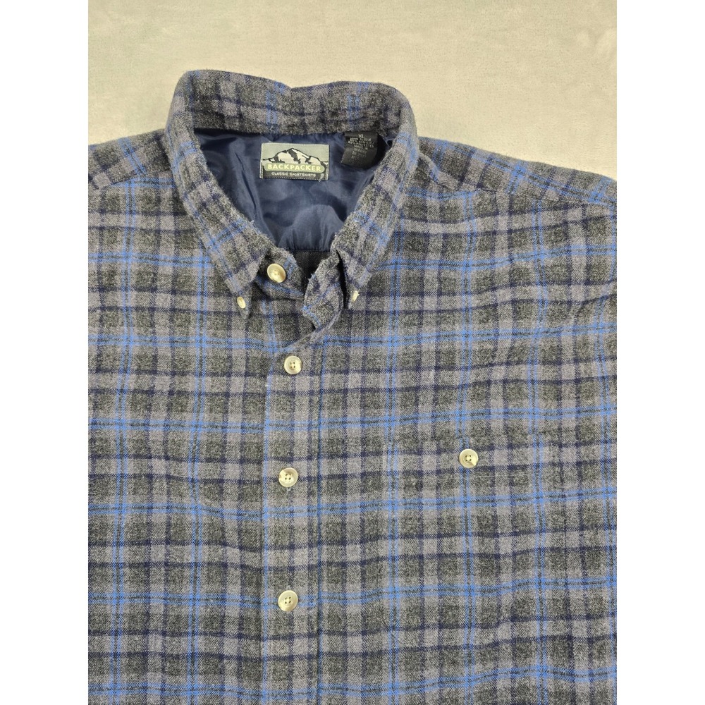 Backpacker Flannel Shirt Mens XL Blue Gray Plaid Long Sleeve Button Down Outdoor